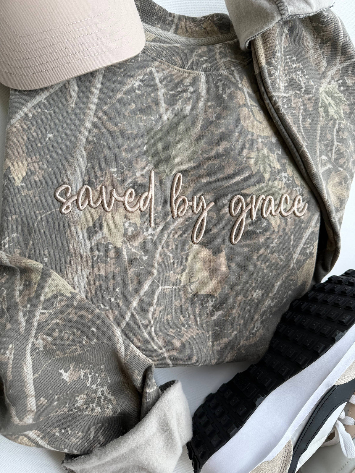 Camo Embroidered Saved By Grace Crewneck