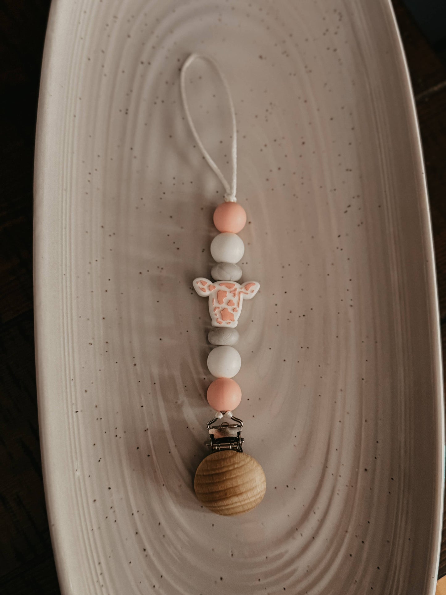 Pink Cow Print/ Head Pacifier Clip