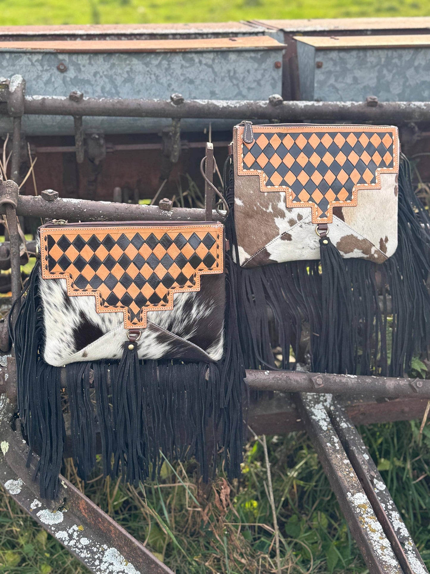 Western Tan Checkered Genuine Cowhide Leather Purse with fringe
