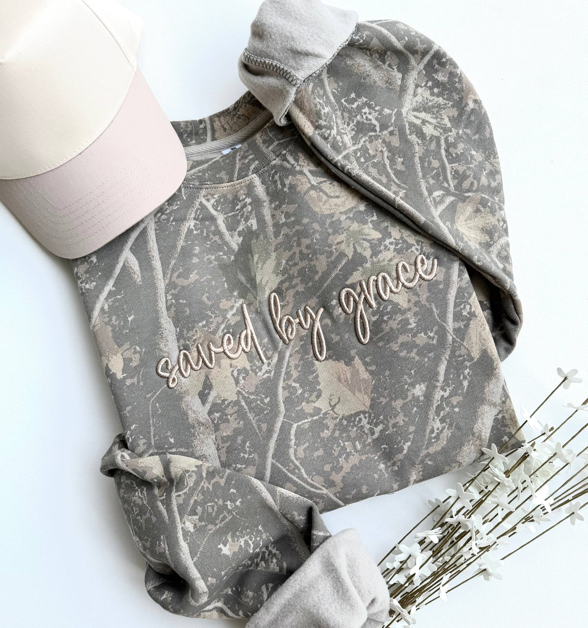 Camo Embroidered Saved By Grace Crewneck