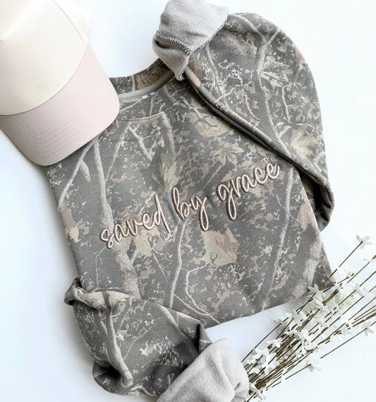 Camo Embroidered Saved By Grace Crewneck