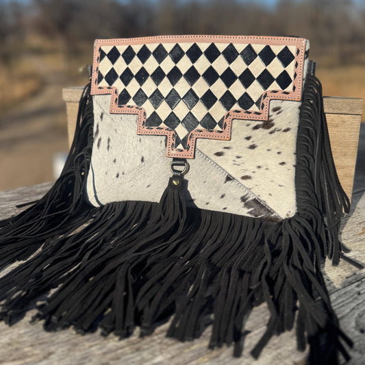Checkered Black and White Genuine Leather Western Purse
