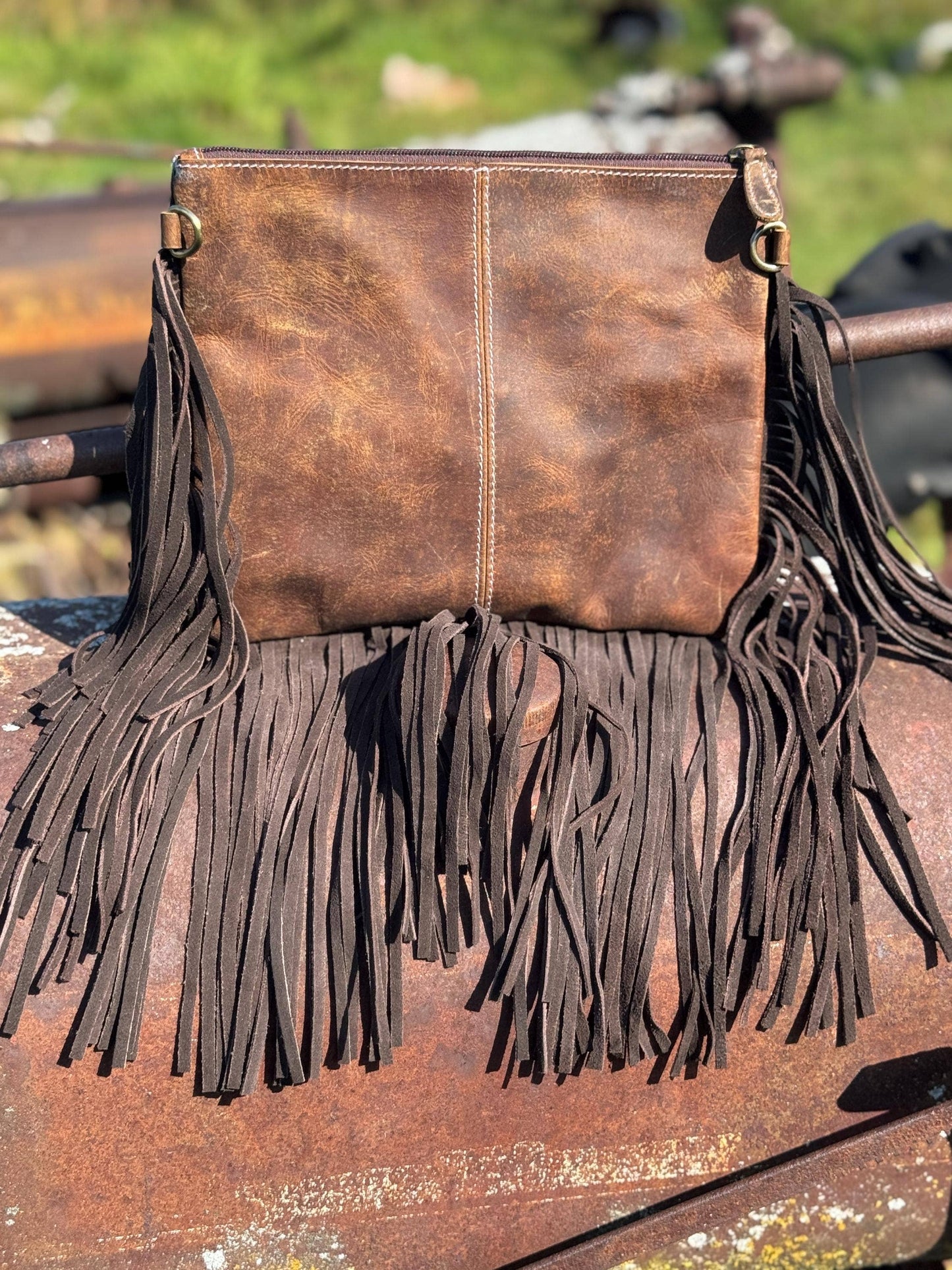 Brown Genuine Western Cowhide Leather Purse with fringe