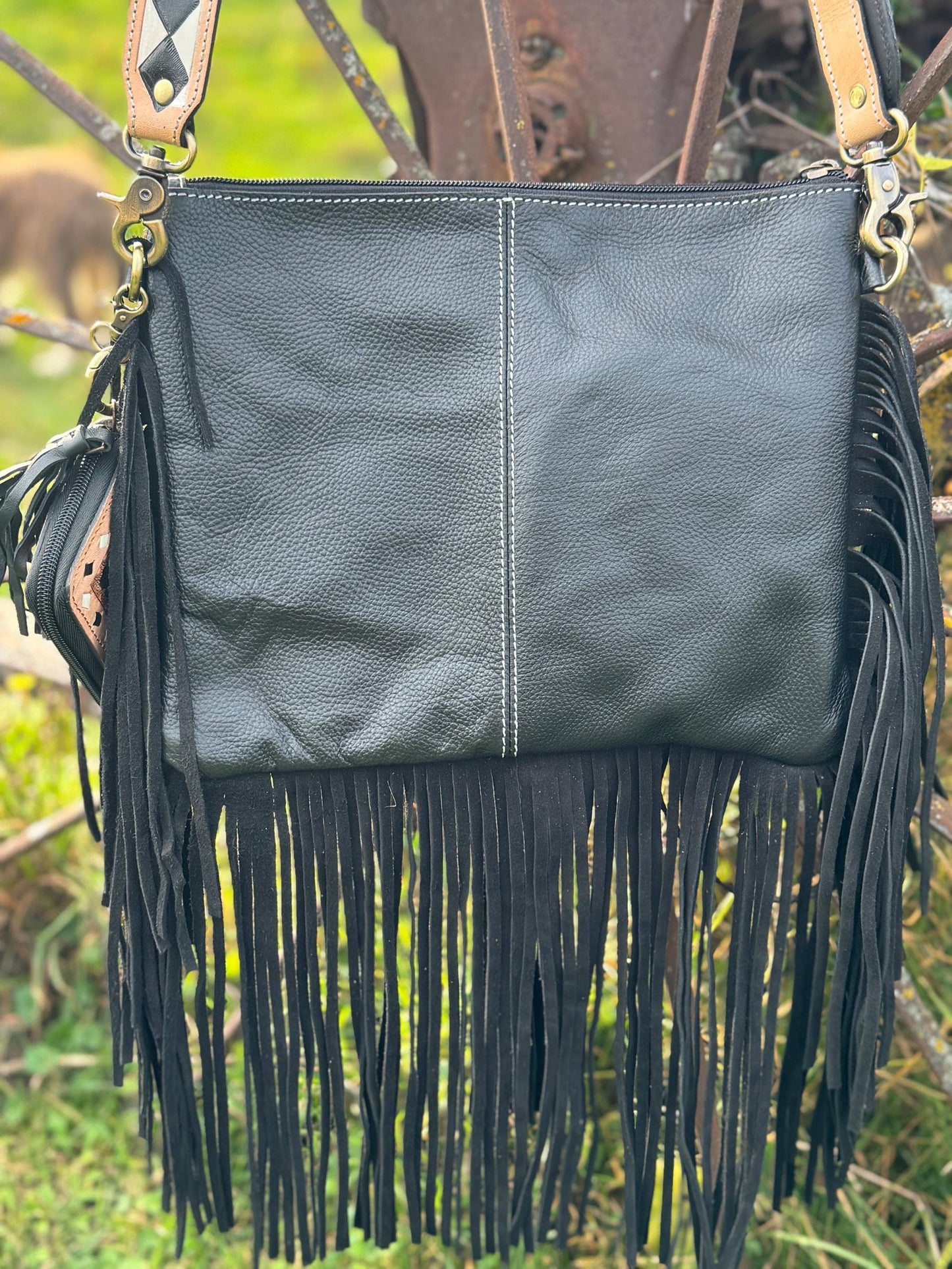 Checkered Black and White Genuine Leather Western Purse