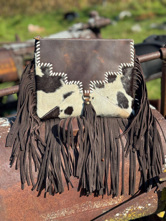 Brown Genuine Western Cowhide Leather Purse with fringe