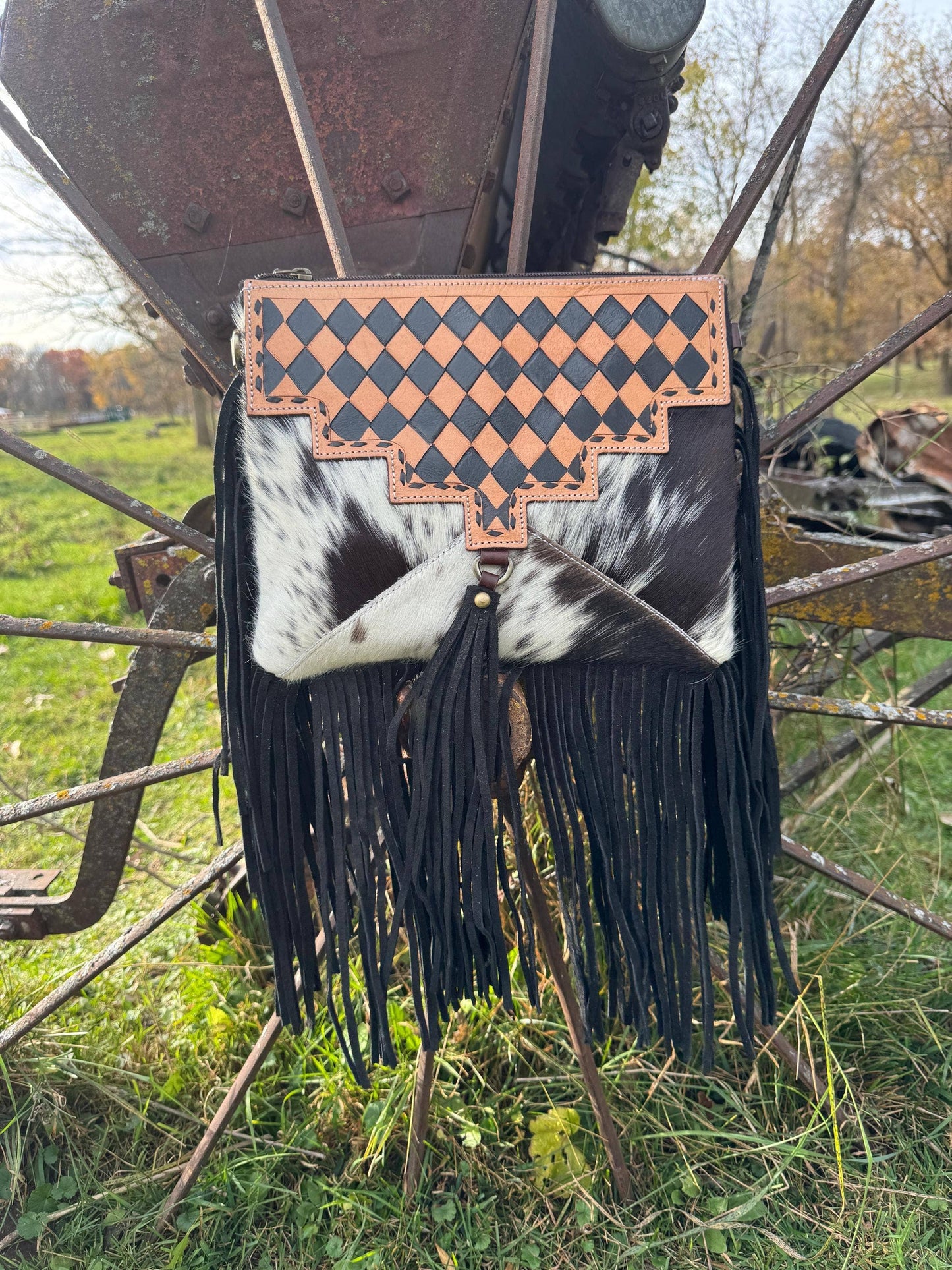 Western Tan Checkered Genuine Cowhide Leather Purse with fringe