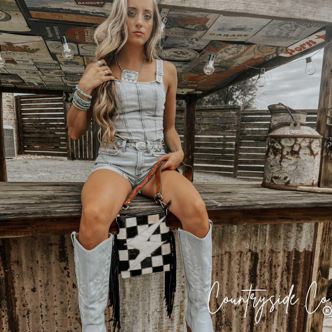 Grit & Glam Checkered Cowhide Purse, Tooled Leather Strap