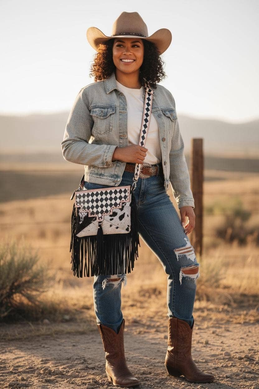 Checkered Black and White Genuine Leather Western Purse