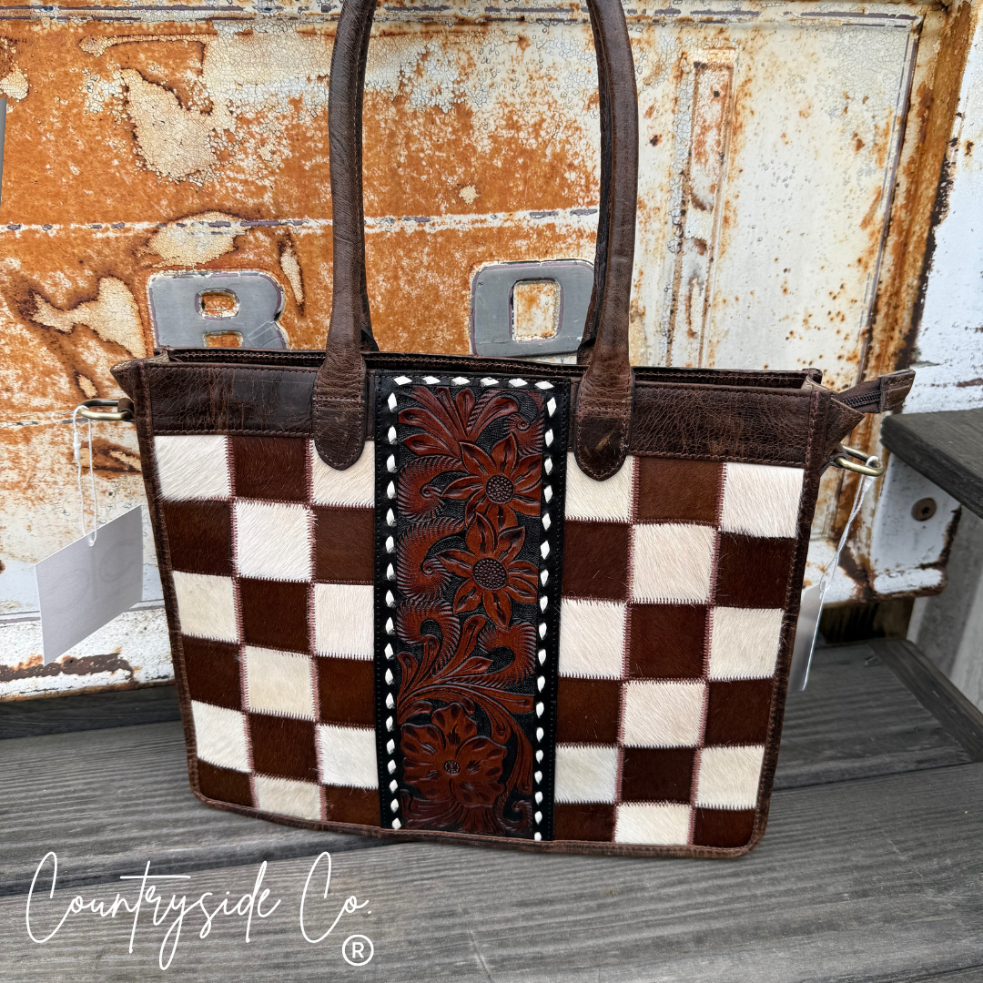 Wynonna Cowhide Checkered Tote Handbag
