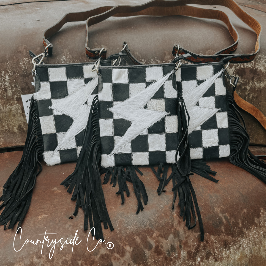 Grit & Glam Checkered Cowhide Purse, Tooled Leather Strap