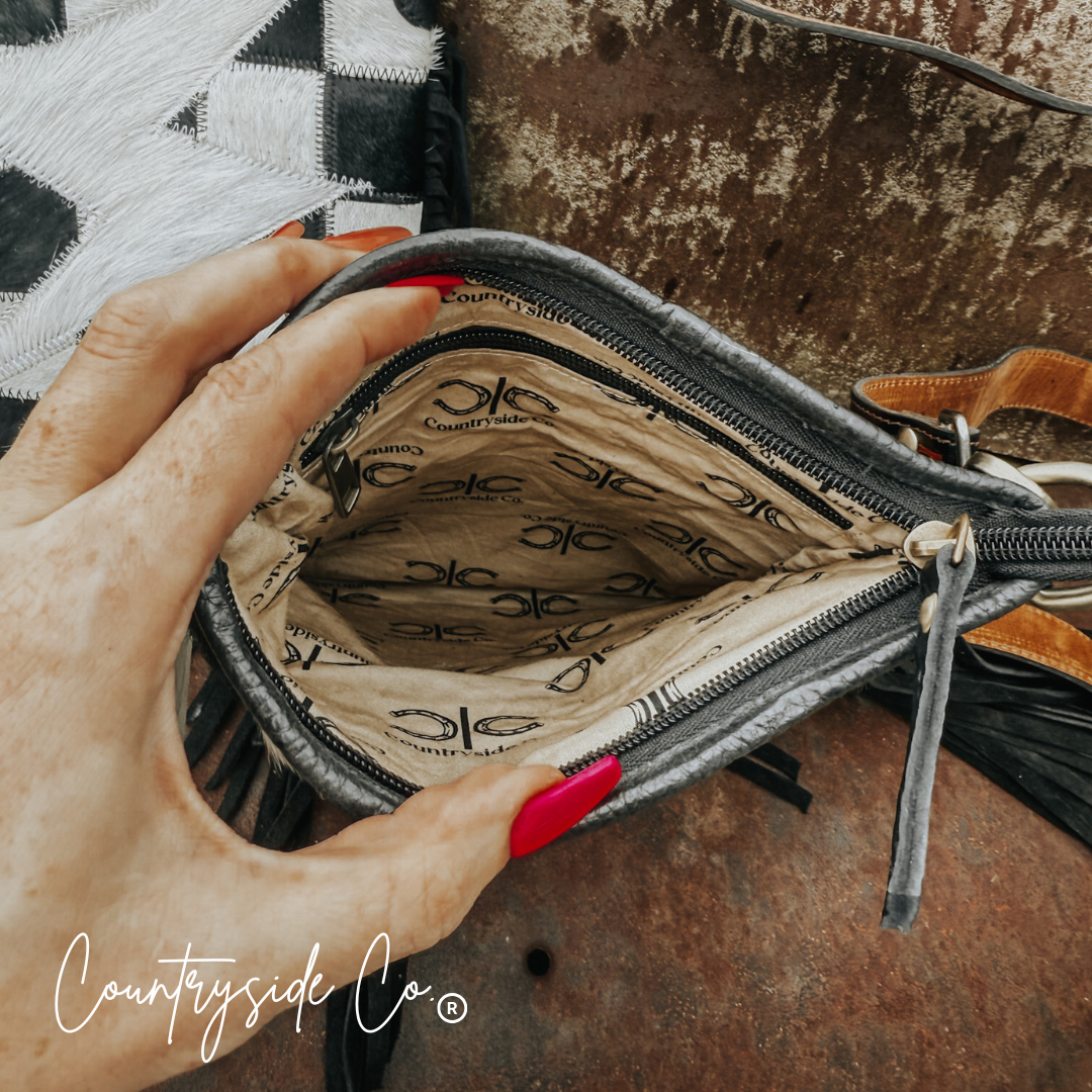 Grit & Glam Checkered Cowhide Purse, Tooled Leather Strap
