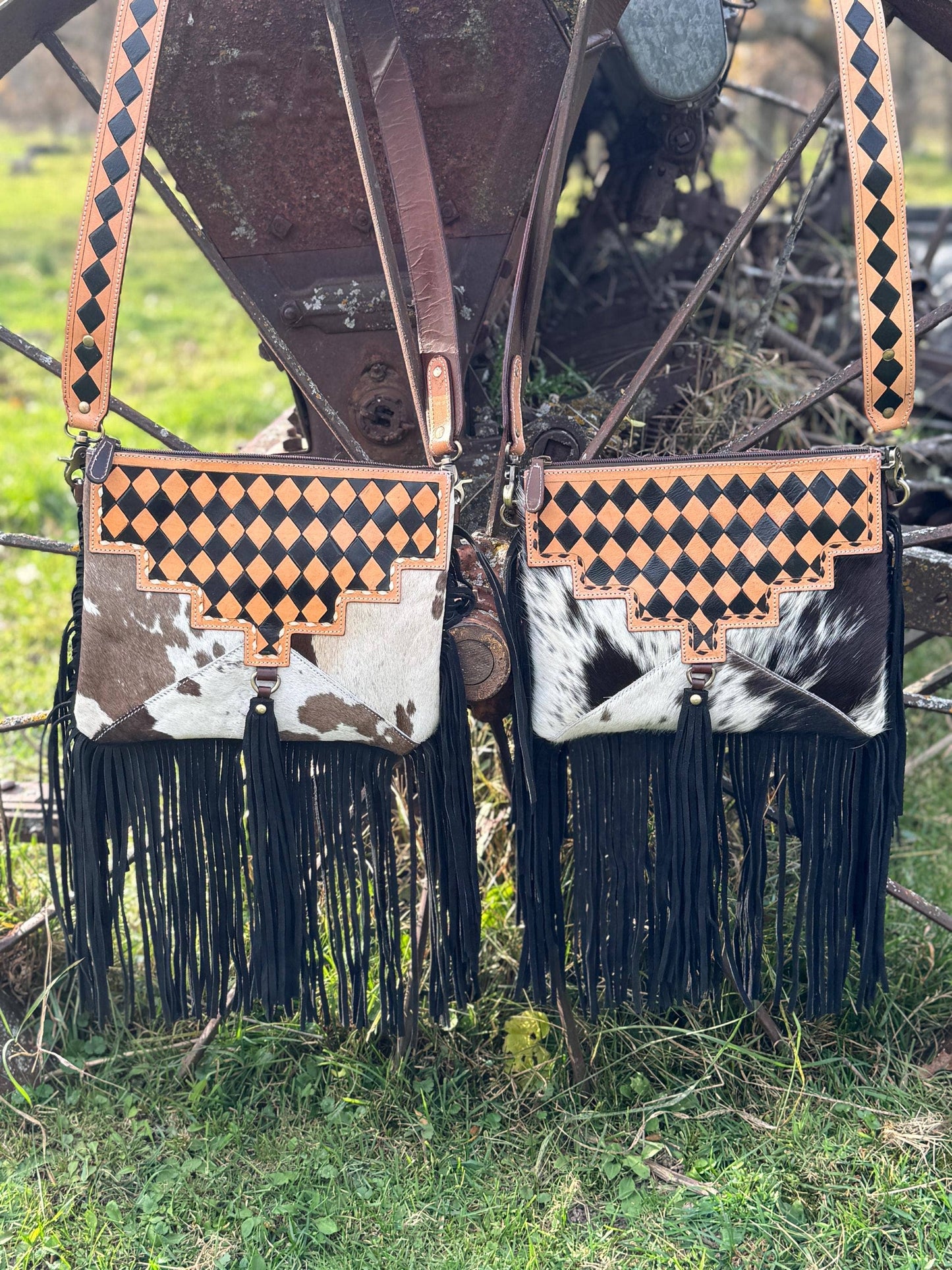 Western Tan Checkered Genuine Cowhide Leather Purse with fringe
