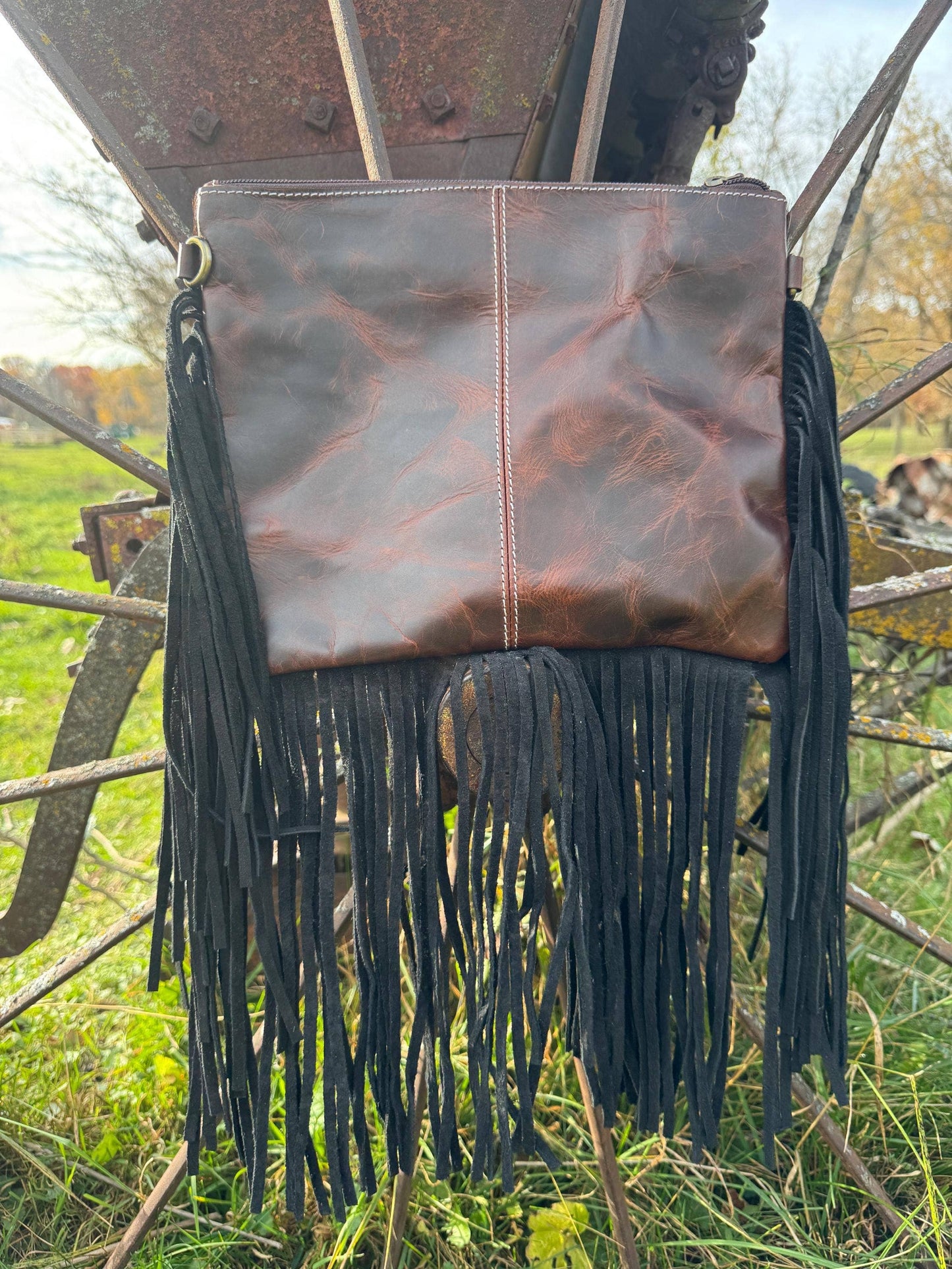 Western Tan Checkered Genuine Cowhide Leather Purse with fringe