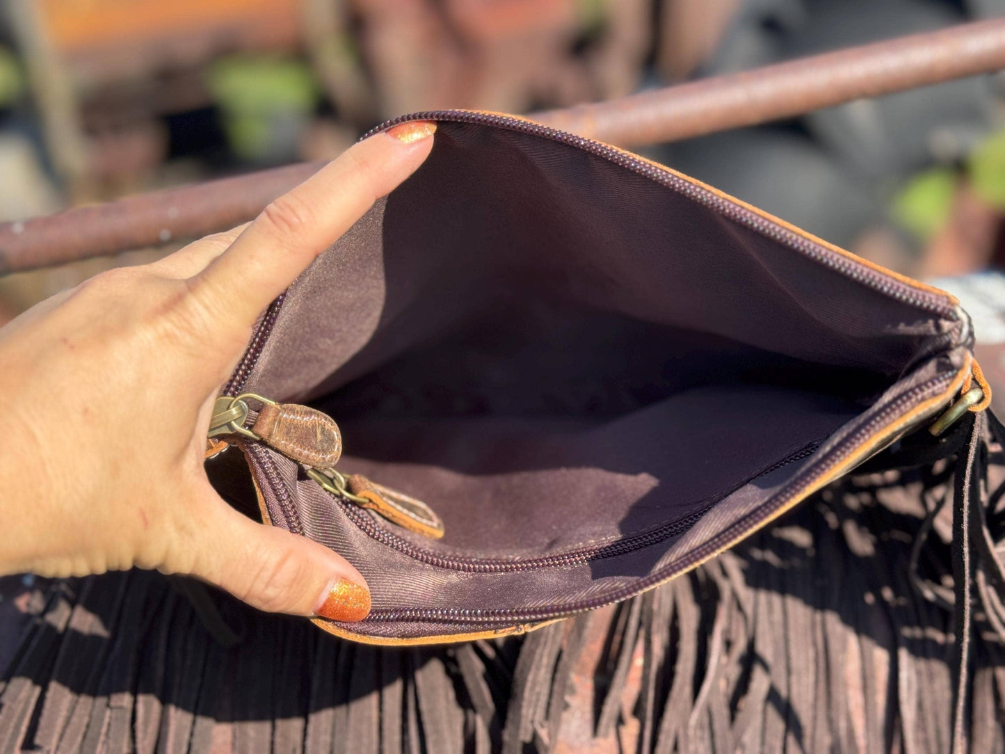 Brown Genuine Western Cowhide Leather Purse with fringe