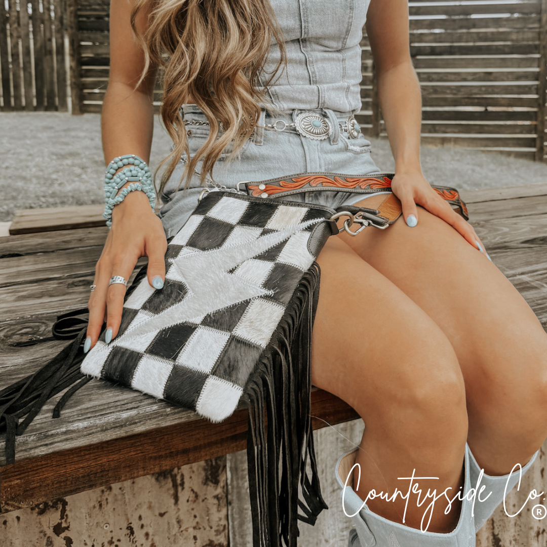Grit & Glam Checkered Cowhide Purse, Tooled Leather Strap