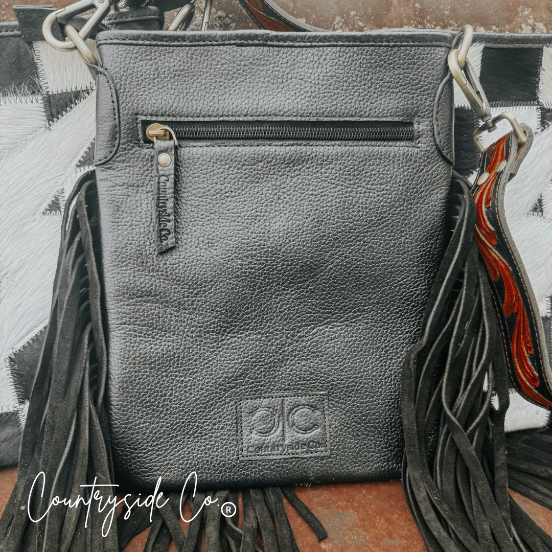 Grit & Glam Checkered Cowhide Purse, Tooled Leather Strap
