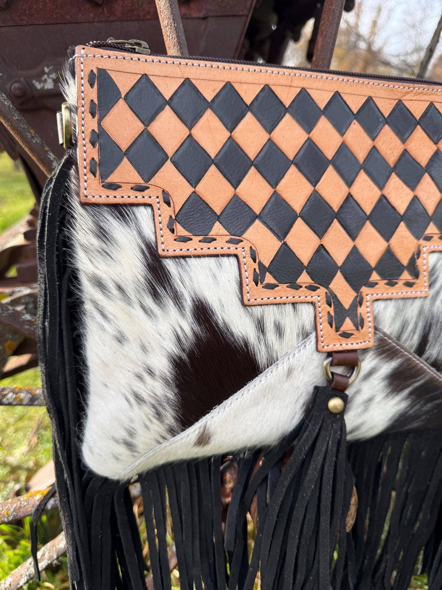 Western Tan Checkered Genuine Cowhide Leather Purse with fringe