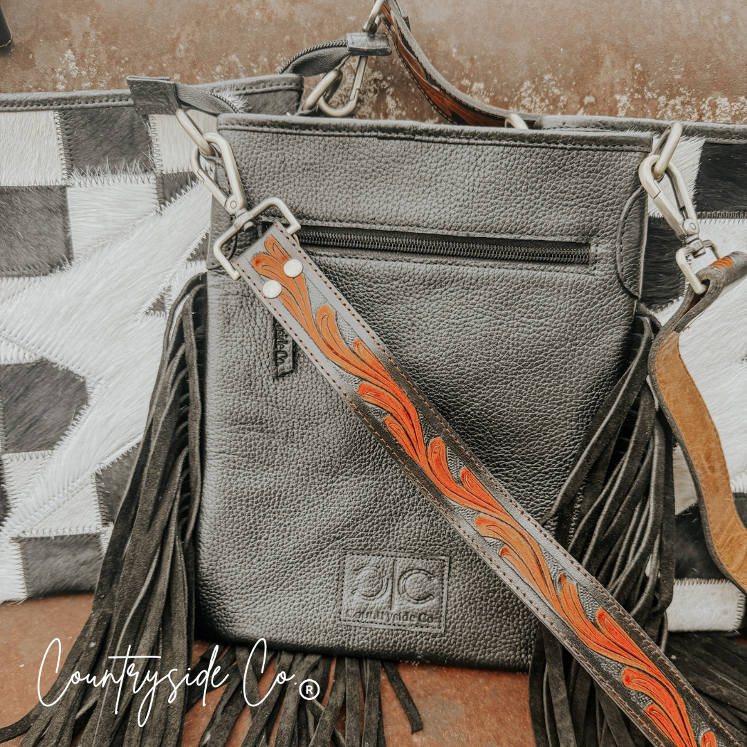 Grit & Glam Checkered Cowhide Purse, Tooled Leather Strap