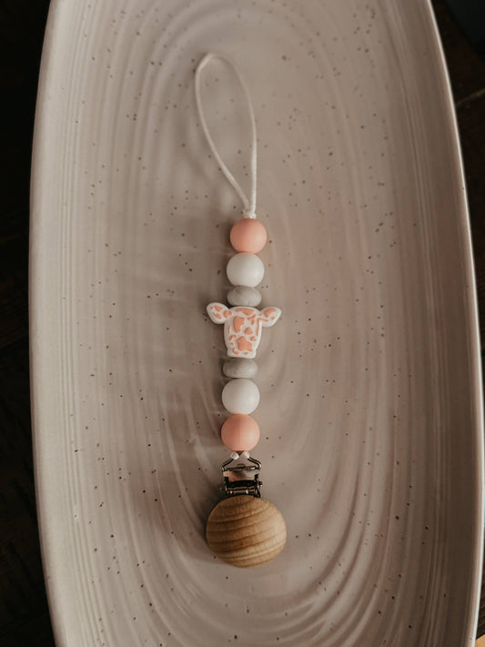 Pink Cow Print/ Head Pacifier Clip