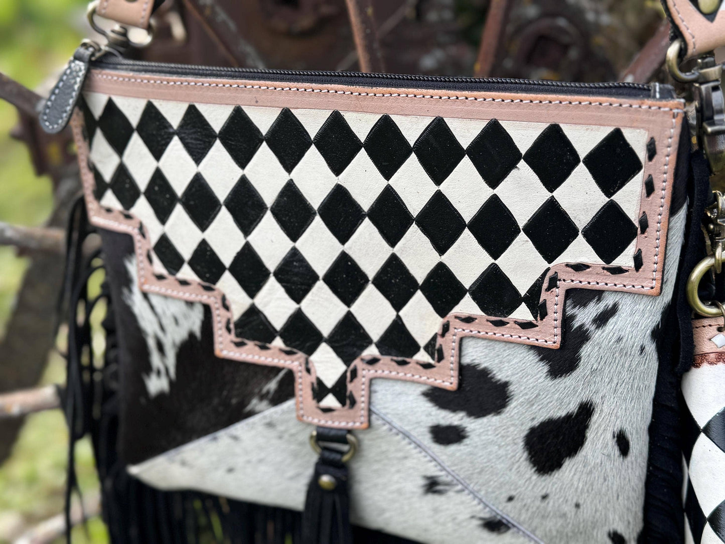 Checkered Black and White Genuine Leather Western Purse